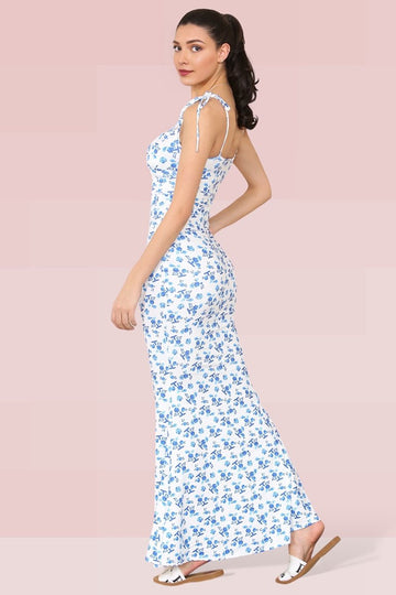 KATCH ME Blue Fresh Adjustable Straps Floral Print Tie-Up Slinky Maxi Dress Dress